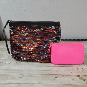 2 Victoria's Secret Bags Cosmetic & Change Purse Rainbow‎ Sequin & Pink Pleather